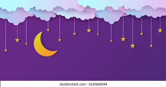 Night sky in paper cut style. Cut out 3d background with violet and blue gradient cloudy landscape with stars and moon papercut art. Cute origami clouds. Vector card for wish good night sweet dreams.