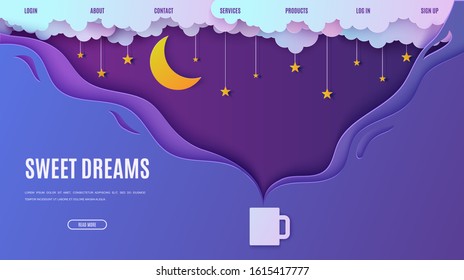 Night sky in paper cut style. Web page design template steam from hot drink cup. 3d background with cloudy landscape with stars on rope and moon papercut art. Vector card illustration. Origami clouds.