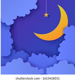 Night sky in paper cut style. 3d background with blue cloudy landscape with star on rope and moon papercut art. Cute cardboard origami clouds. Vector card for wish good night sweet dreams.