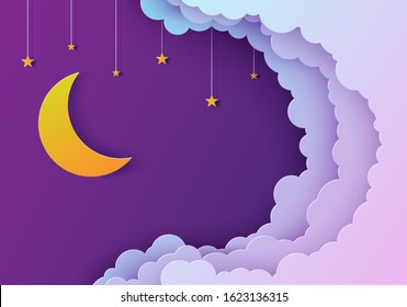 Night sky in paper cut style. Cut out 3d background with violet and blue gradient cloudy landscape with stars and moon papercut art. Cute origami clouds. Vector card for wish good night sweet dreams.