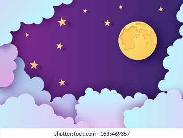 Night sky in paper cut style. Cut out 3d background with violet and blue gradient cloudy landscape with stars and full moon papercut art. Cute origami clouds. Vector card for wish good night dreams.
