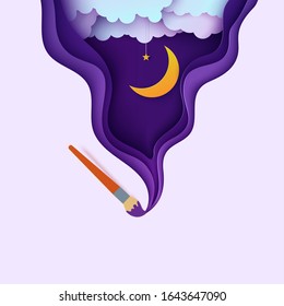 Night sky in paper cut style. Cut out 3d background with violet and blue gradient cloudy landscape with star on rope and moon papercut art. Vector card with paintbrush draw and origami clouds