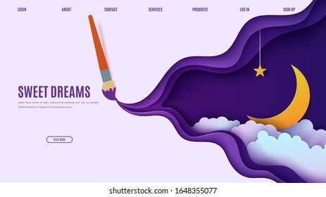 Night sky in paper cut style. Cut out 3d website template with violet and blue gradient cloudy landscape with star on rope and moon papercut art. Vector card with paintbrush draw and origami clouds