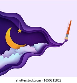 Night sky in paper cut style. Cut out 3d background with violet and blue gradient cloudy landscape with star on rope and moon papercut art. Vector card with paintbrush draw and origami clouds.