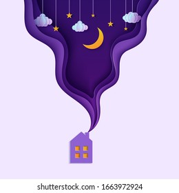 Night sky in paper cut style. Cute house with smoke from the chimney. 3d background with violet and blue gradient cloudy landscape with stars on rope and moon papercut art. Origami clouds, vector card