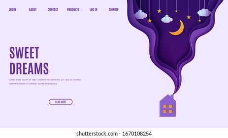 Night sky in paper cut style. Web page design template cute house with smoke from the chimney. 3d background with violet and blue gradient with gold stars cloud and moon papercut art. Vector wallpaper