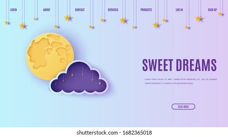 Night sky in paper cut style. Cut out 3d vector website template with violet and blue gradient cloudy landscape with stars and cloud papercut art. Cute origami cloud. Vector card for wish good night.