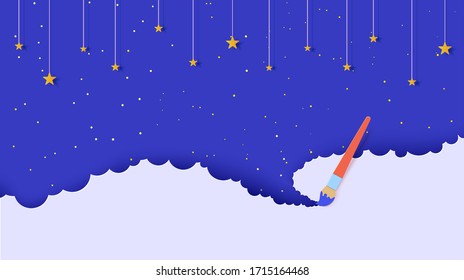 Night sky in paper cut style. Cut out 3d background with wavy cloudy border with brush and gold stars on rope papercut art. Vector card illustration with paintbrush draw. Abstract kids backdrop.