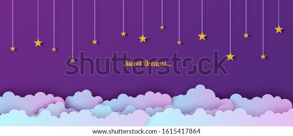 紙切れの夜空 紫と青のグラデーションで曇った山水に星の切り絵を描いた3d背景を切り取り かわいい 折り紙の雲 願いのおやすみの甘い夢のベクターカード のベクター画像素材 ロイヤリティフリー