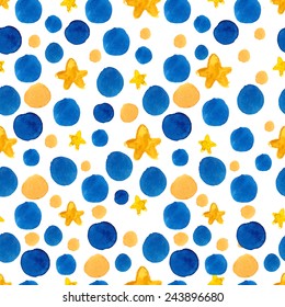 Night sky pattern with blue watercolor circles and yellow stars. Vector seamless background.