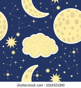 Night sky pattern kids. Moon, star, clouds Illustration vector