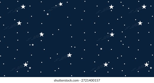 Patrón de cielo nocturno con estrellas y puntos de tiro sobre fondo azul oscuro