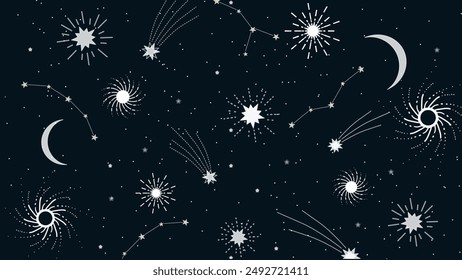 A night sky pattern showcasing crescent moons, stars, constellations, and shooting stars on a dark background. Ideal for cosmic-themed fabric, wallpaper, stationery, gift wrapping, and home decor.