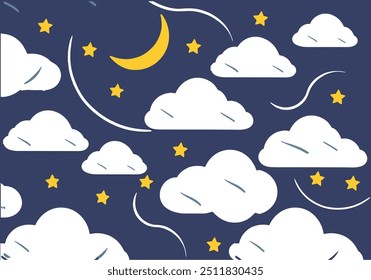 Night Sky Pattern: A whimsical and calming night sky pattern featuring white clouds, yellow stars, and a crescent moon on a dark blue background. Perfect for sleep-related projects, children's books.