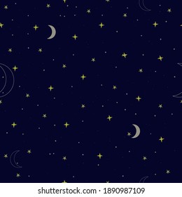 Night Sky Pattern. Yellow Moon, White Moon, Yellow Stars, Dark Blue Background.