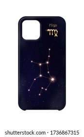 Cubierta nocturna del teléfono del cielo con partículas de constelación brillantes de Virgo zodiac dorado aisladas en fondo blanco. Diseño vectorial de estuche protector móvil realista. Superficie del marco cósmico