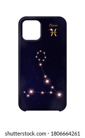 Night sky phone cover with gold Pisces zodiac shiny star constellation particles isolated on white background. Mobile protective case realistic vector design. Cosmic frame surface