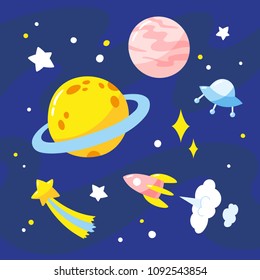 Night sky with planets, rocket and stars.