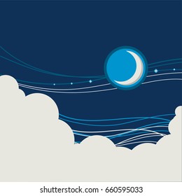 Night sky poster background with half moon and clouds for text or design