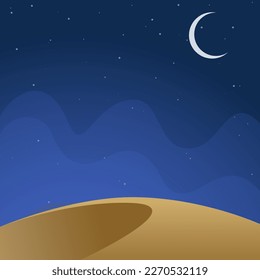 Cielo nocturno de Ramadán Kareem Eid Mubarak Crescent Moon Sand Dune Stars Blue Background Template