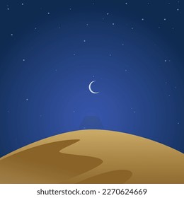 Night Sky of Ramadan Kareem Eid Mubarak Crescent Moon Sand Dune Stars Blue Background Template Art