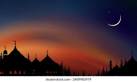 Night Sky Ramadan Sunset With Moon Background Illustration, Dusk Islamic Landscape In Moonlight, Mubarak Greeting With Lantern, Ramadhan Celebration And Mawlid Festival Design With Crescent And Stars