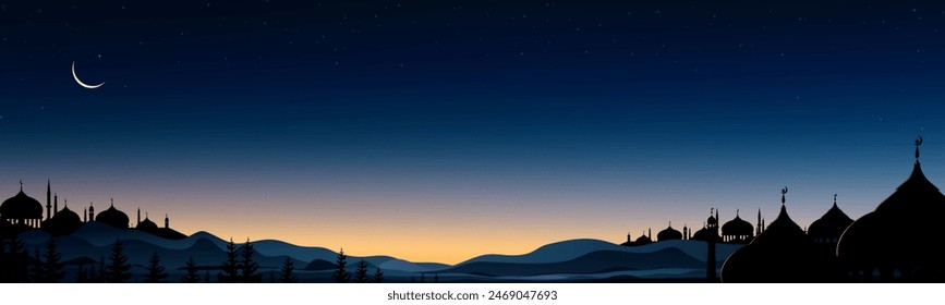 night sky Ramadan Sunset With Moon Background Illustration, Dusk Islamic Landscape In Moonlight, Mubarak Greeting With Lantern, Ramadhan Celebration And Mawlid Festival Design With Crescent And Stars