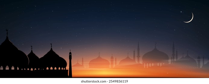 Night Sky Ramadan Sunset With Moon Background Illustration, Dusk Islamic Landscape In Moonlight, Mubarak Greeting With Lantern, Ramadhan Celebration And Mawlid Festival Design With Crescent And Stars