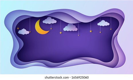 Night sky rectangular frame with stars and clouds on rope and moon crescent in paper cut style. Cut out 3d background papercut art, fairy tale vector card illustration for wish good night sweet dreams