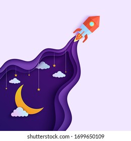 Night sky and red rocket in paper cut style. Cut out 3d background with violet and blue gradient cloudy landscape with star on rope and moon papercut art. Vector card template for motivation poster.