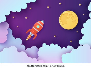 Night sky and red rocket in paper cut style. Cut out 3d background with violet and blue gradient cloudy landscape with stars and full moon papercut art. Cute vector origami clouds and spaceship.