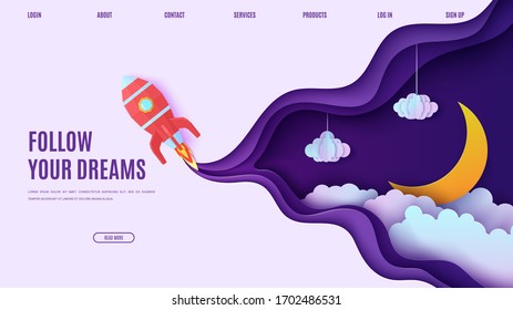 Night sky and red rocket in paper cut style. Cut out 3d website template with violet and blue gradient cloudy landscape with star on rope and moon papercut art. Vector card with origami spaceship.