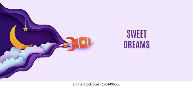 Night sky and red rocket in paper cut style. Cut out 3d background with violet and blue gradient cloudy landscape with star on rope and moon papercut art. Vector card template for motivation poster