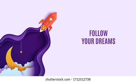 Night sky and red rocket in paper cut style. Cut out 3d background with violet and blue gradient cloudy landscape with star on rope and moon papercut art. Vector card template for motivation poster