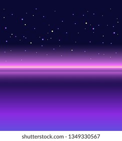 Night sky. Retrowave, synthwave, rave, vapor background. Abstract landscape. Yesterday’s tomorrow. Retro, vintage 80s, 90s style. Black, purple, pink, blue, yellow colors. Banner, print, wallpaper