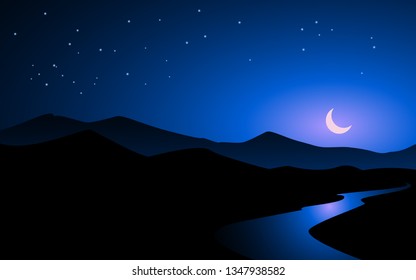 night sky with river and  mountain  