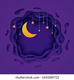 Night sky in round purple shape in paper cut style. 3d background with violet cloudy landscape with star on rope and moon papercut art. Origami midnight. Vector card for wish good night sweet dreams.