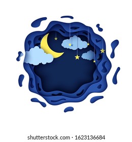 Night sky in round shape in paper cut style. 3d background with blue cloudy landscape with star on rope and moon papercut art. Cute origami clouds. Vector card for wish good night sweet dreams.