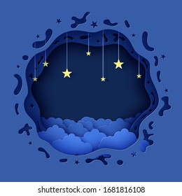 Night sky in round shape in paper cut style. Layered 3d background with blue cloudy landscape with stars on rope papercut art. Cute origami clouds. Vector card for wish good night sweet dreams.