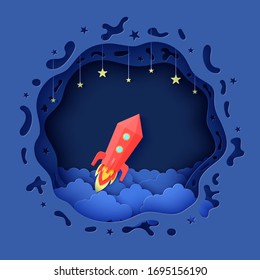 Night sky in round shape and red rocket in paper cut style. Layered 3d background with blue cloudy landscape with stars on rope papercut art. Vector card template for motivation poster.