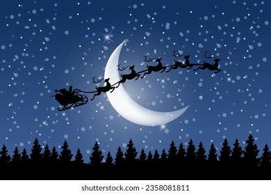 Night sky with Santa Claus flying in sleigh with reindeer. Silhouette of Santa flying over in front of crescent moon vector illustration. Christmas, winter holiday, fantasy concept