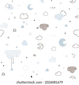 night sky scandinavian style. Сloudy. Seamless pattern for fabric, paper, wrapping, clothing, textile, wallpaper