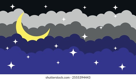 Night sky scene with a crescent moon and scattered stars among layered clouds, creating a serene and calming atmosphere.