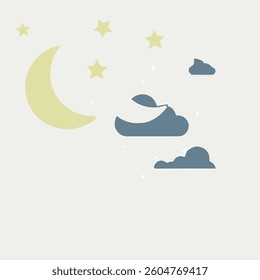 Night Sky Scene with Crescent Moon, Stars, and Clouds - A Serene Illustration Perfect for Sleep and Relaxation Themes