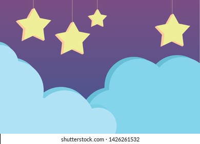 Night sky scene with cute purple cartoon style vector background with hanging three dimensional stars and light blue clouds, illustration suitable for children