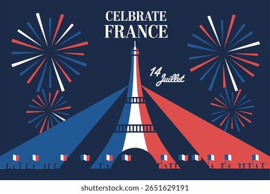 Cena do céu noturno com bandeiras francesas, fogos de artifício e Torre Eiffel para o projeto de celebração do dia nacional de 14 de julho