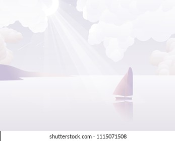 Night sky scenery landscape, sailboat sailing in ocean at night with moon shining light over the sky, dreamy purple tone