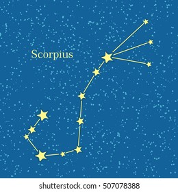 Night sky with Scorpius constellation. Vector illustration. Traditional zodiacal sign on celestial sphere marked bright stars and lines. For astrological, astronomical, educational, science concepts