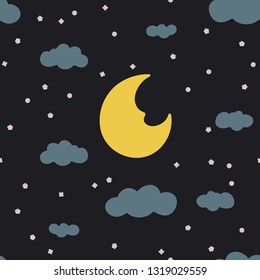 Night sky. Seamless pattern background. Vector illustration. Moon, clouds and stars