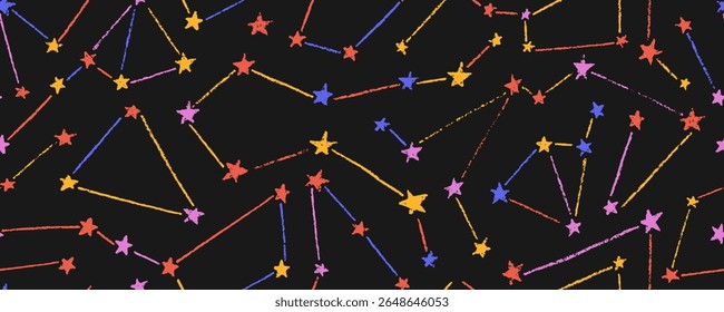 Night sky seamless pattern with colorful constellations and stars. Crayon drawn doodle starry background. Funky childish constellations seamless banner background. Night sky map wallpaper. 